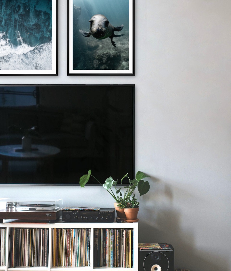 Two black picture frames in the size 50x70 above a TV