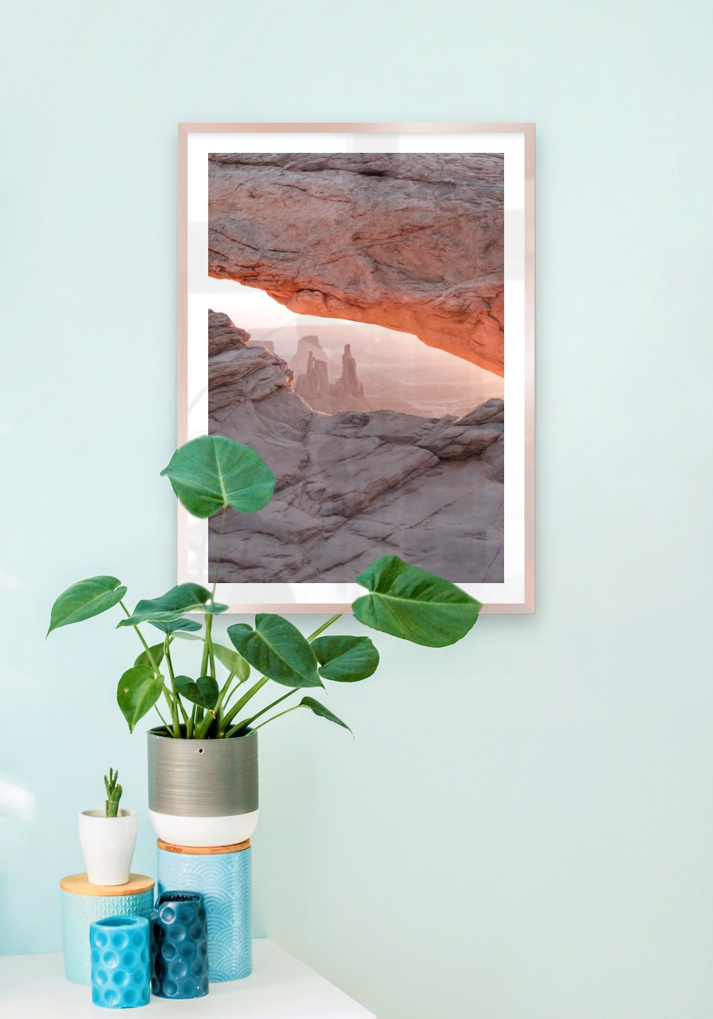 Gallery wall with picture frame in copper in size 50x70 with print "View between cliffs"