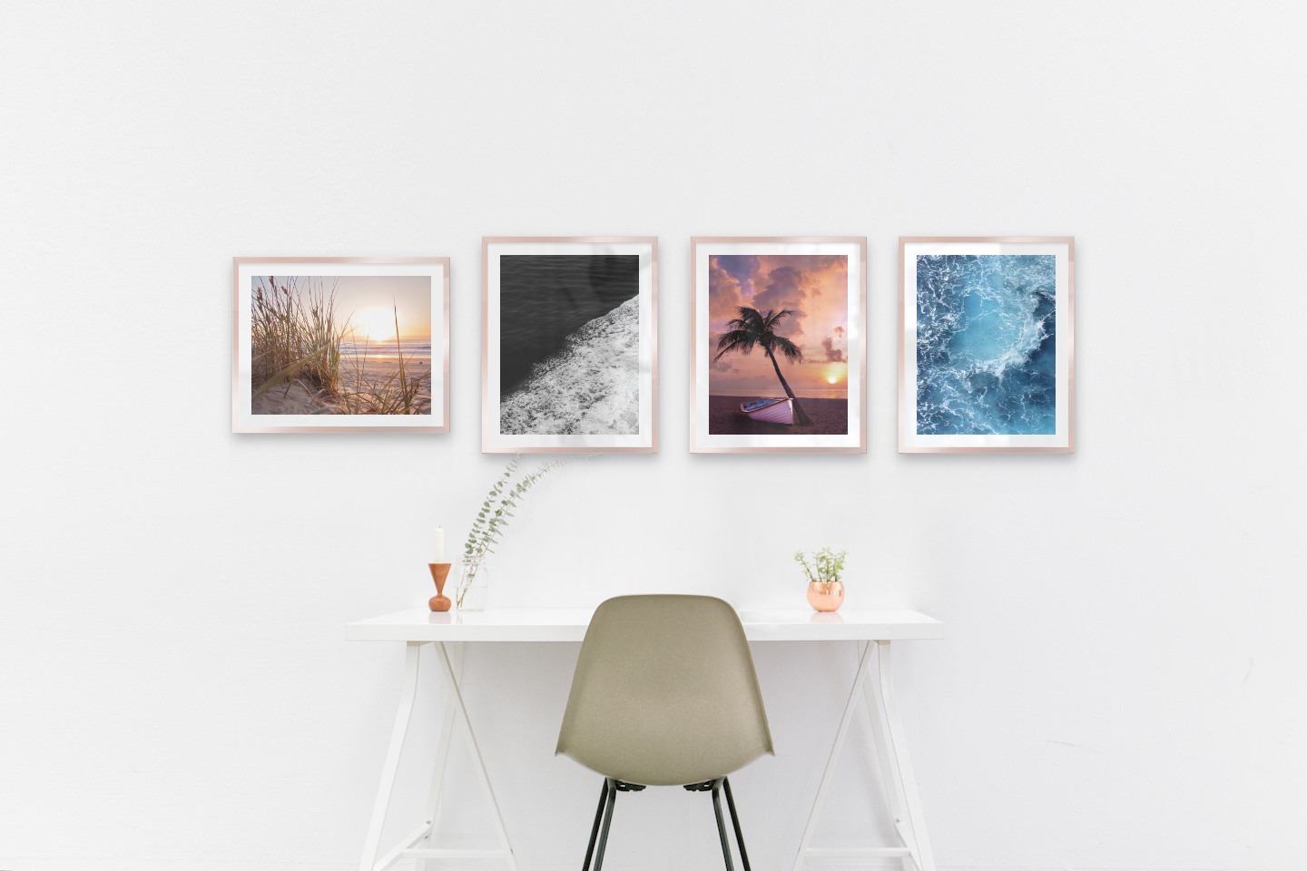 Gallery wall with picture frames in copper in sizes 40x50 with prints "Straw on the beach", "Swell from waves", "Palm on the beach" and "Sea from above"