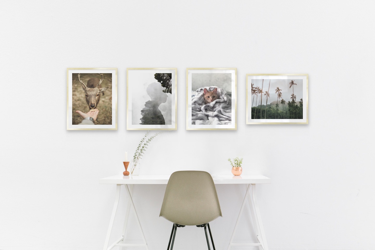 Gallery wall with picture frames in gold in sizes 40x50 with prints "Feed a deer", "Silhouette and tree", "Cat in felt" and "Palm trees and mountains"
