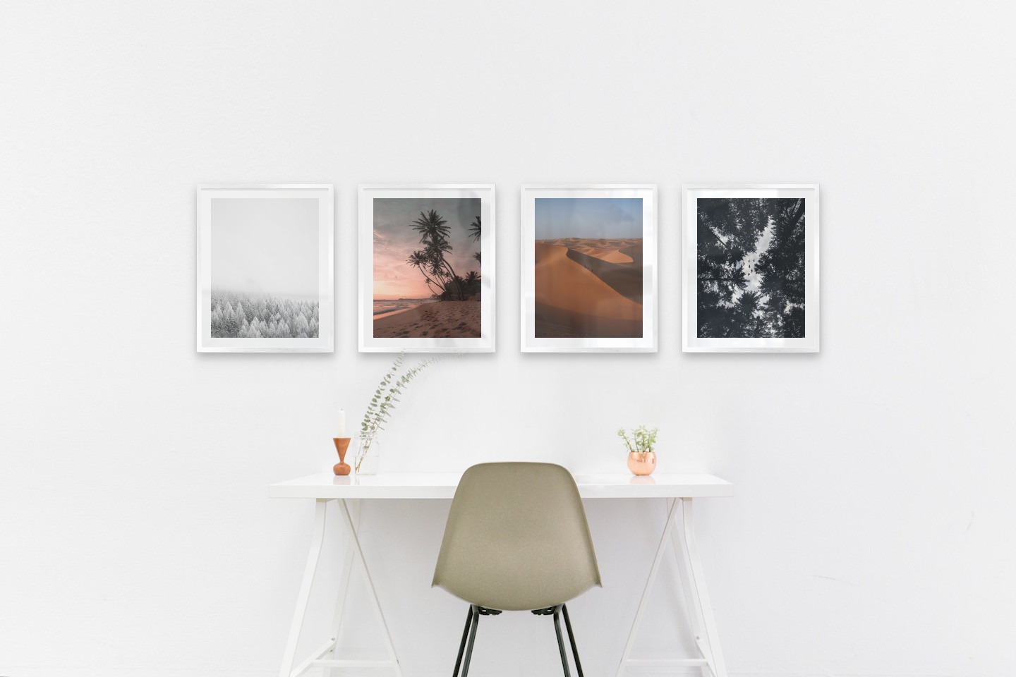 Gallery wall with picture frames in silver in sizes 40x50 with prints "Wooden tops in winter", "Beach at sunset", "Desert" and "Wooden tops and birds"