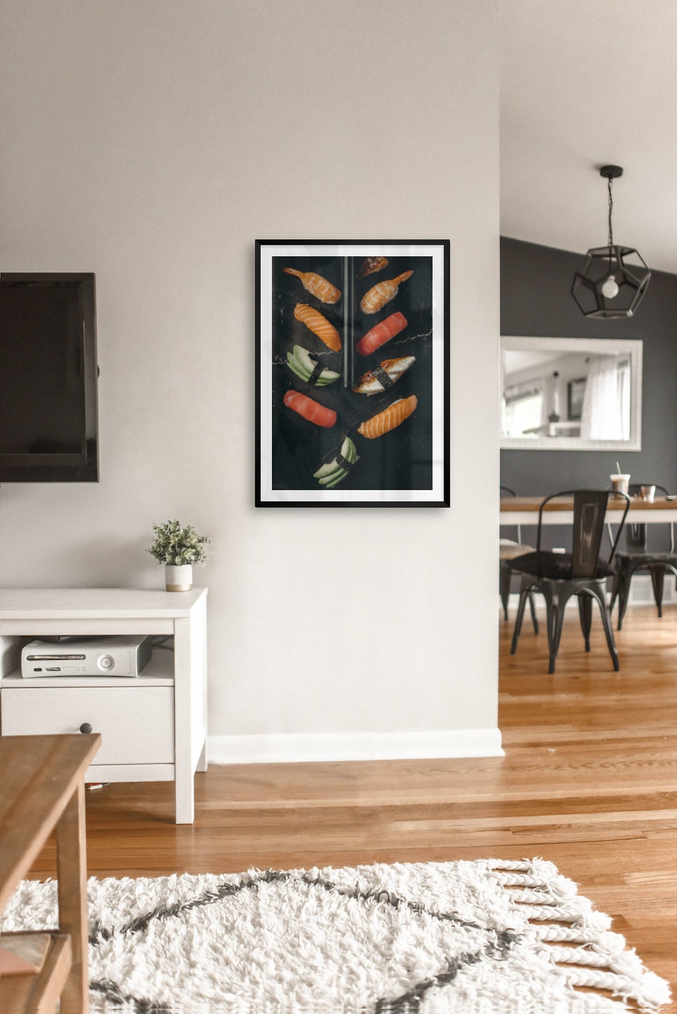 Gallery wall with picture frame in black in size 50x70 with print "Sushi"