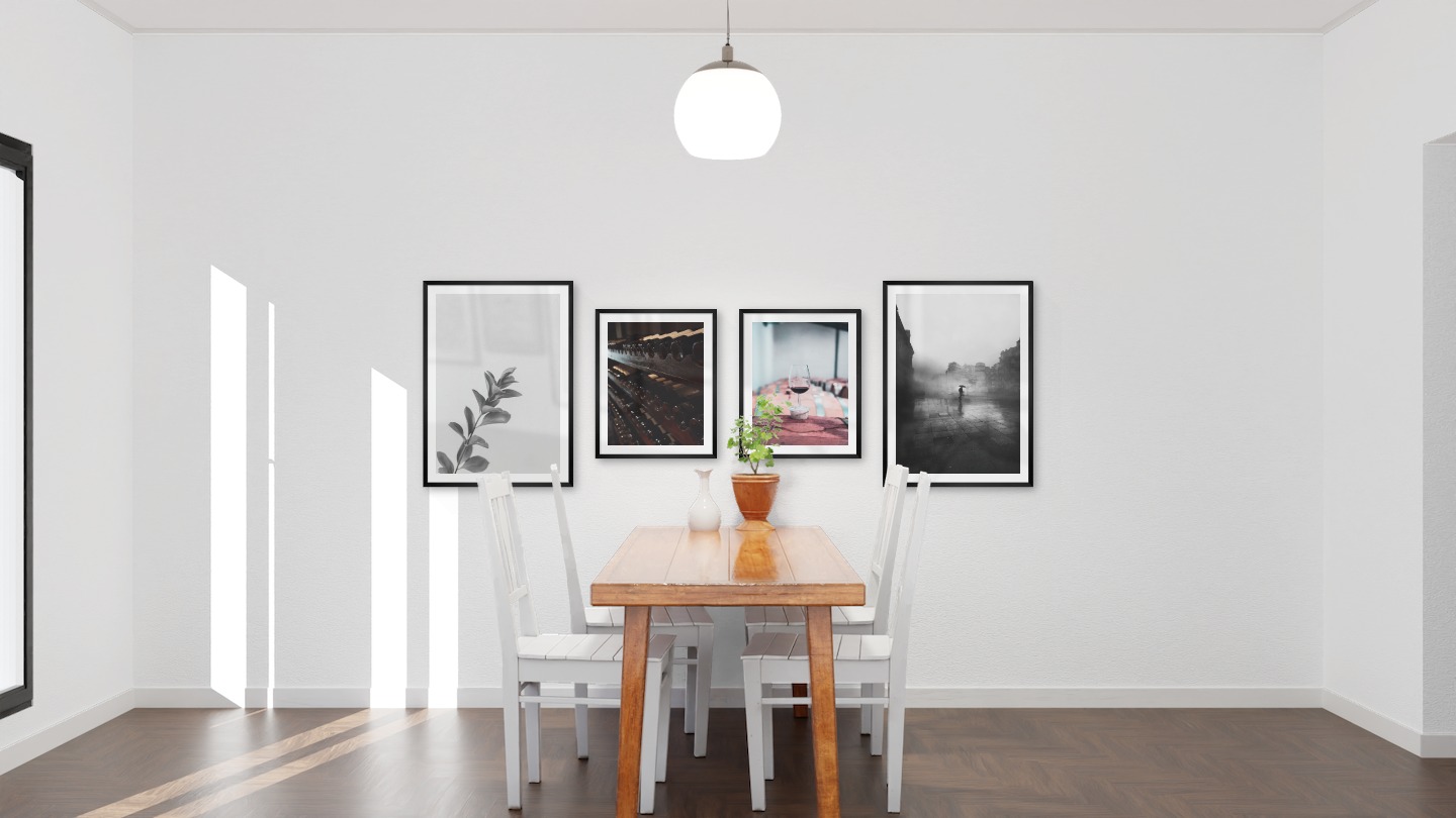 Gallery wall with picture frames in black in sizes 50x70 and 40x50 with prints "Twig", "Wine storage", "Wine glasses in barrels" and "Rainy city"