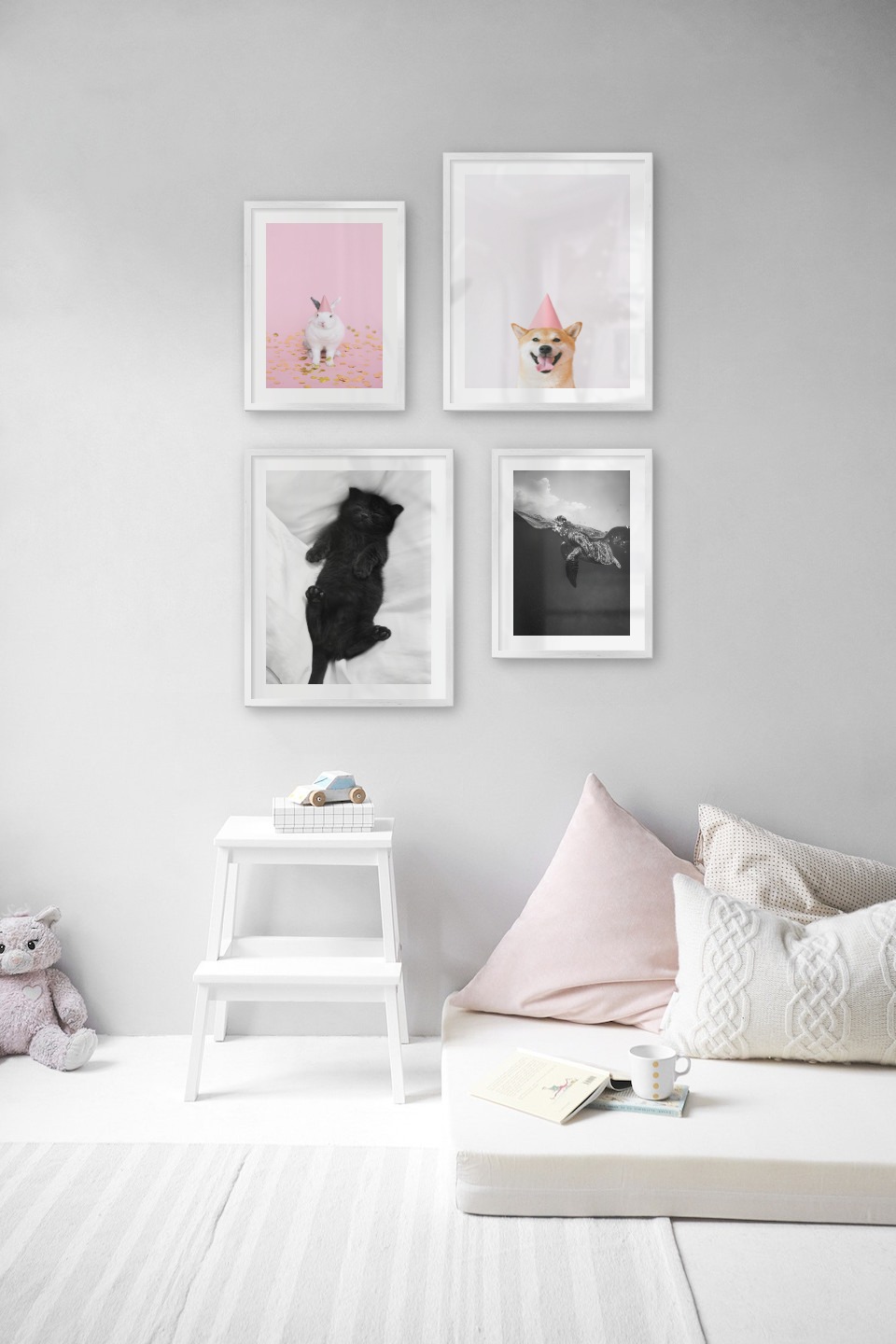 Gallery wall with picture frames in silver in sizes 30x40 and 40x50 with prints "Rabbit with party hat", "Dog with pink hat", "Cat in bed" and "Turtle"