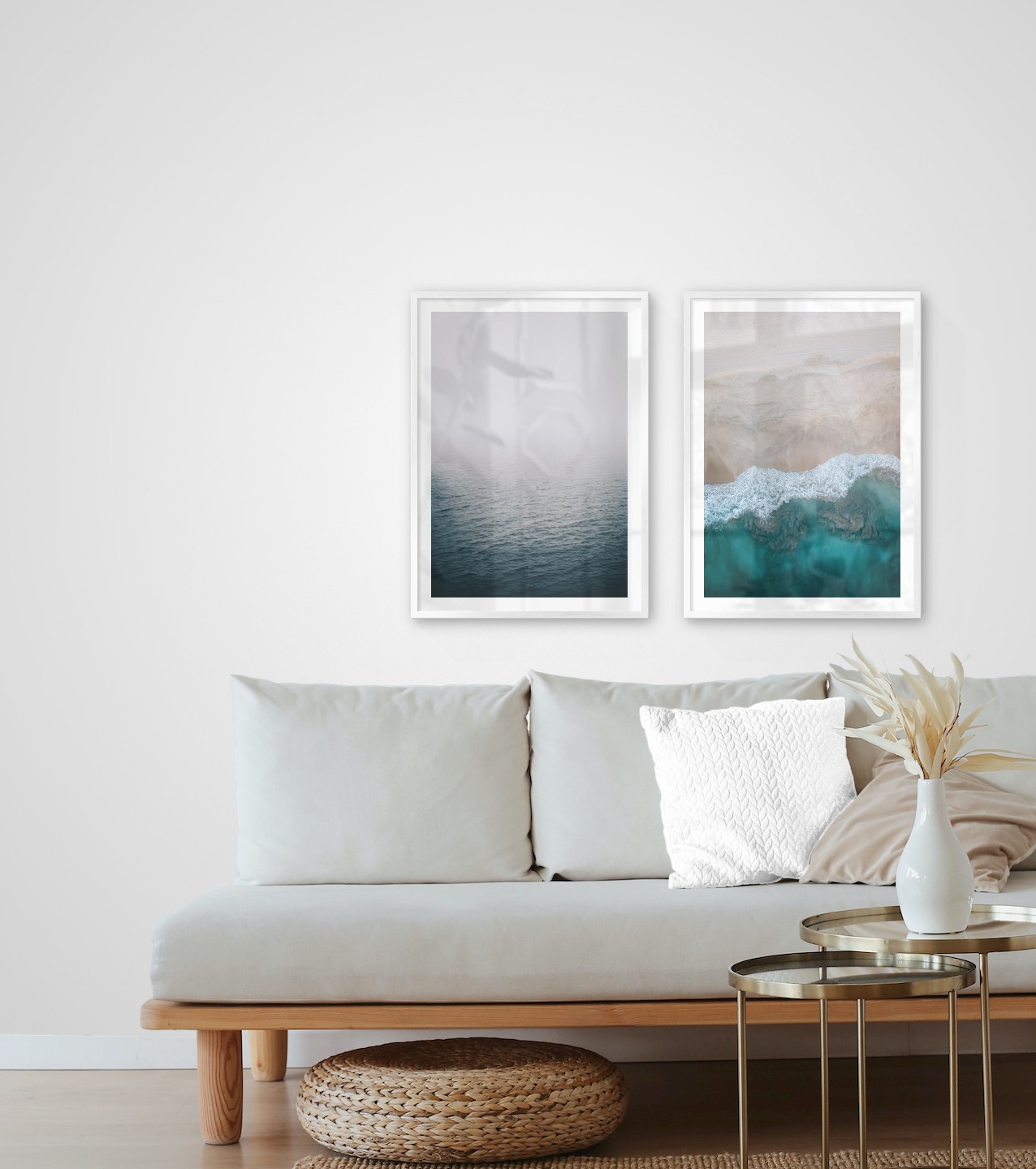 Gallery wall with picture frames in silver in sizes 50x70 with prints "Fog over the sea" and "Beach from above"