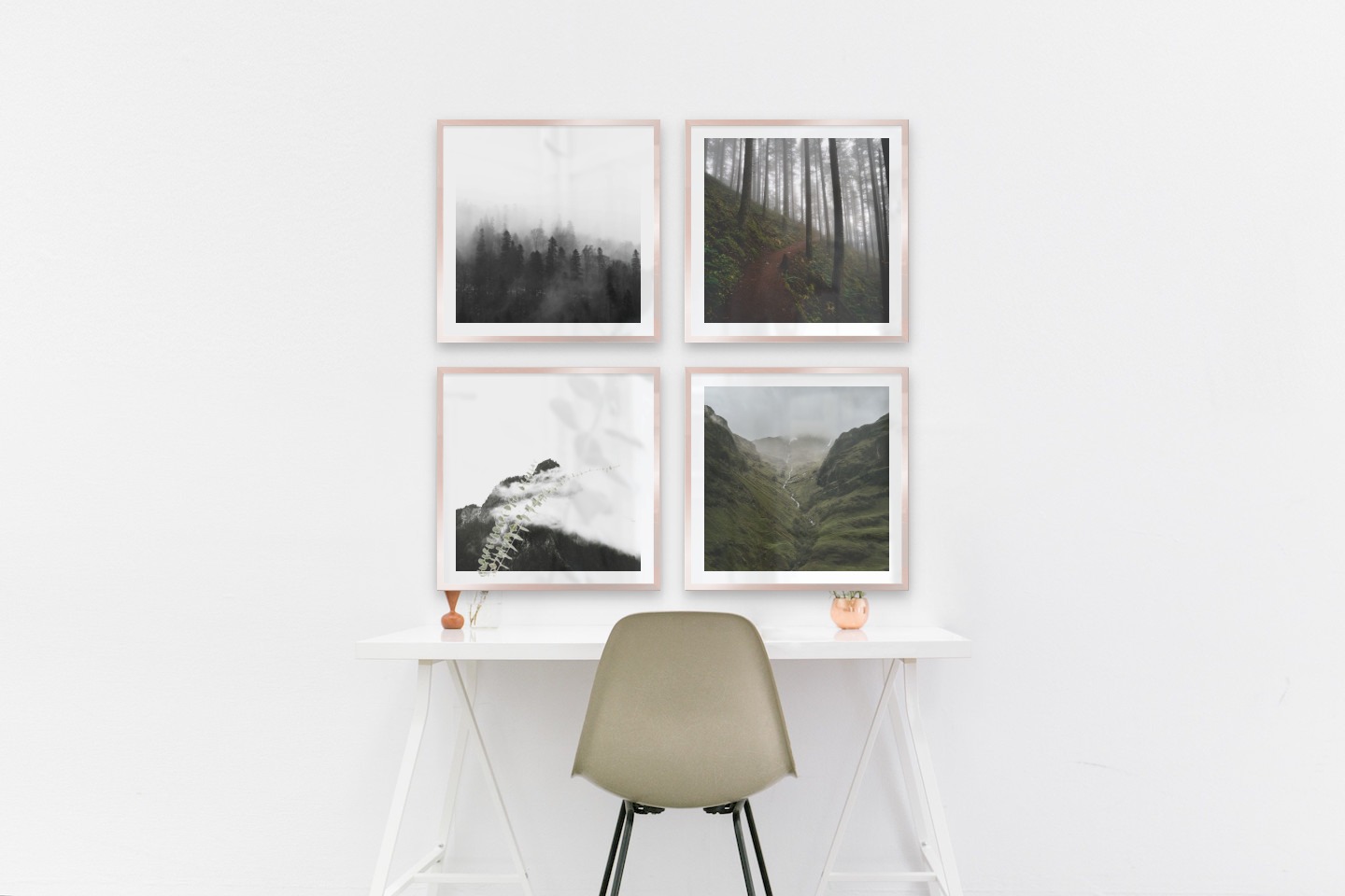 Gallery wall with picture frames in copper in sizes 50x50 with prints "Foggy wooden tops", "Forest road", "Mountain peaks in fog" and "Stream in valley"