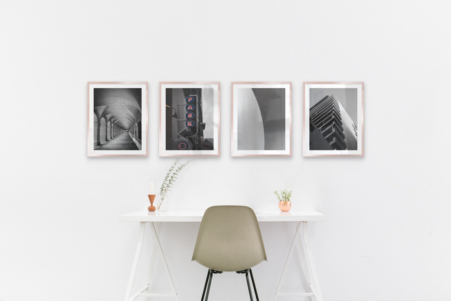 Gallery wall with picture frames in copper in sizes 40x50 with prints "Hallway with pillars and arches", "Sign "Park"", "Line" and "Black and white building"