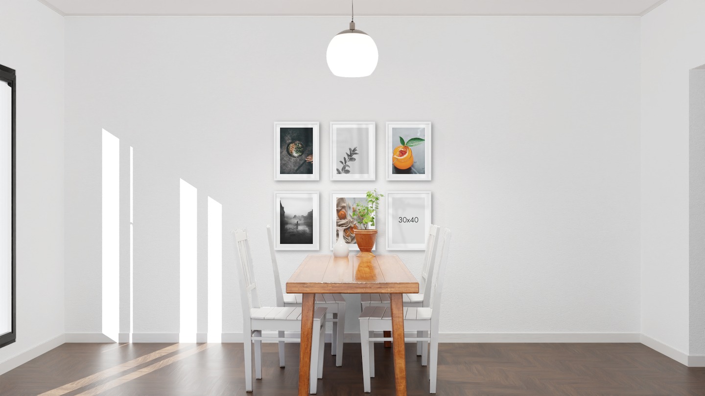 Gallery wall with picture frames in white in sizes 30x40 with prints "Bowl", "Twig", "Orange drink", "Rainy city" and "Oranges"