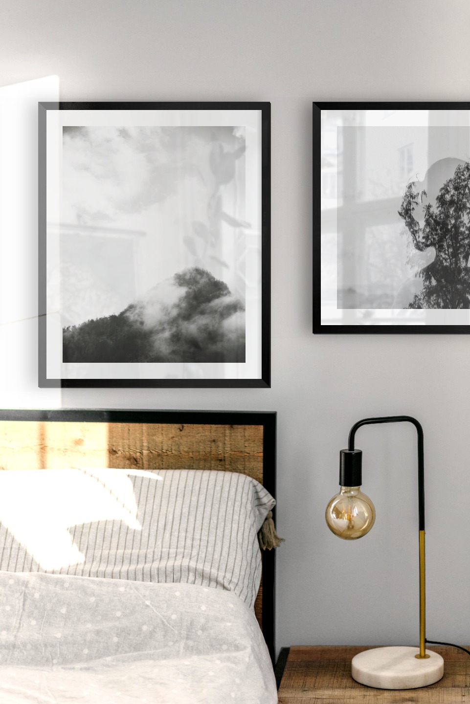 Gallery wall with picture frames in black in sizes 40x50 with prints "Birds over the sea", "Trees and mountains in fog" and "Trees and silhouette"