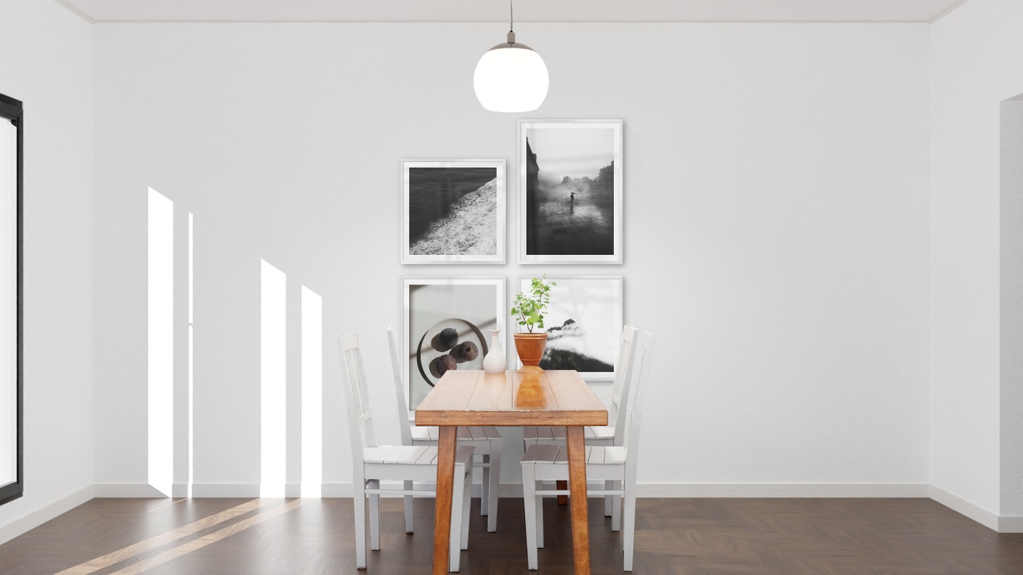 Gallery wall with picture frames in silver in sizes 50x50 and 50x70 with prints "Swell from waves", "Rainy city", "Fruit on plate" and "Mountain peaks in fog"