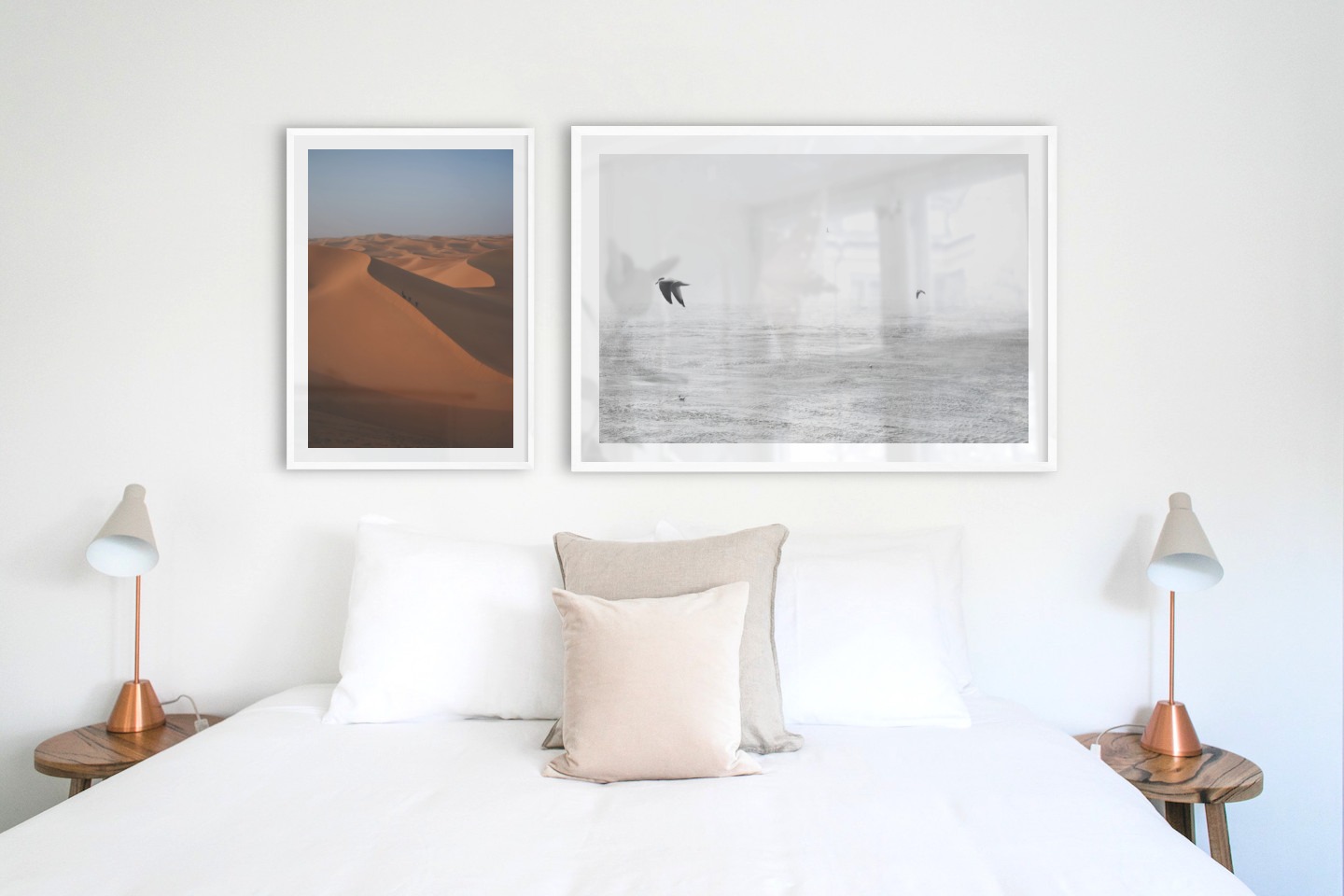 Gallery wall with picture frames in white in sizes 50x70 and 70x100 with prints "Desert" and "Birds over the sea"