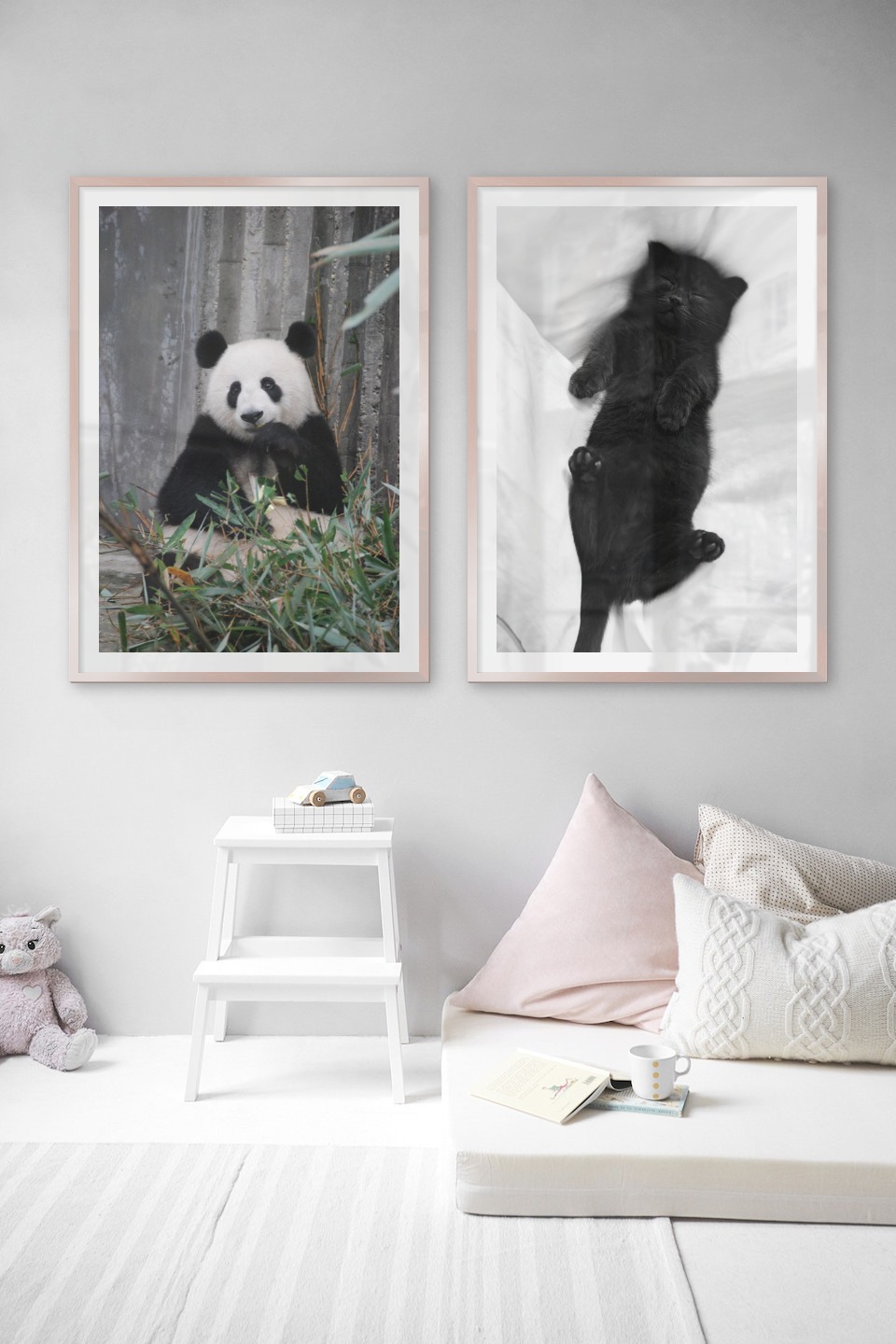 Gallery wall with picture frames in copper in sizes 70x100 with prints "Panda" and "Cat in bed"