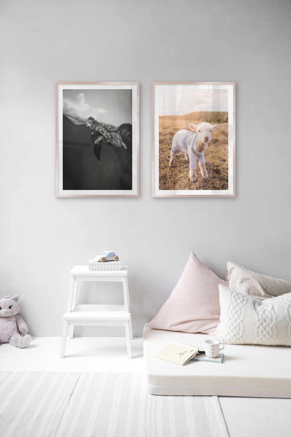 Gallery wall with picture frames in copper in sizes 50x70 with prints "Turtle" and "Lamb"