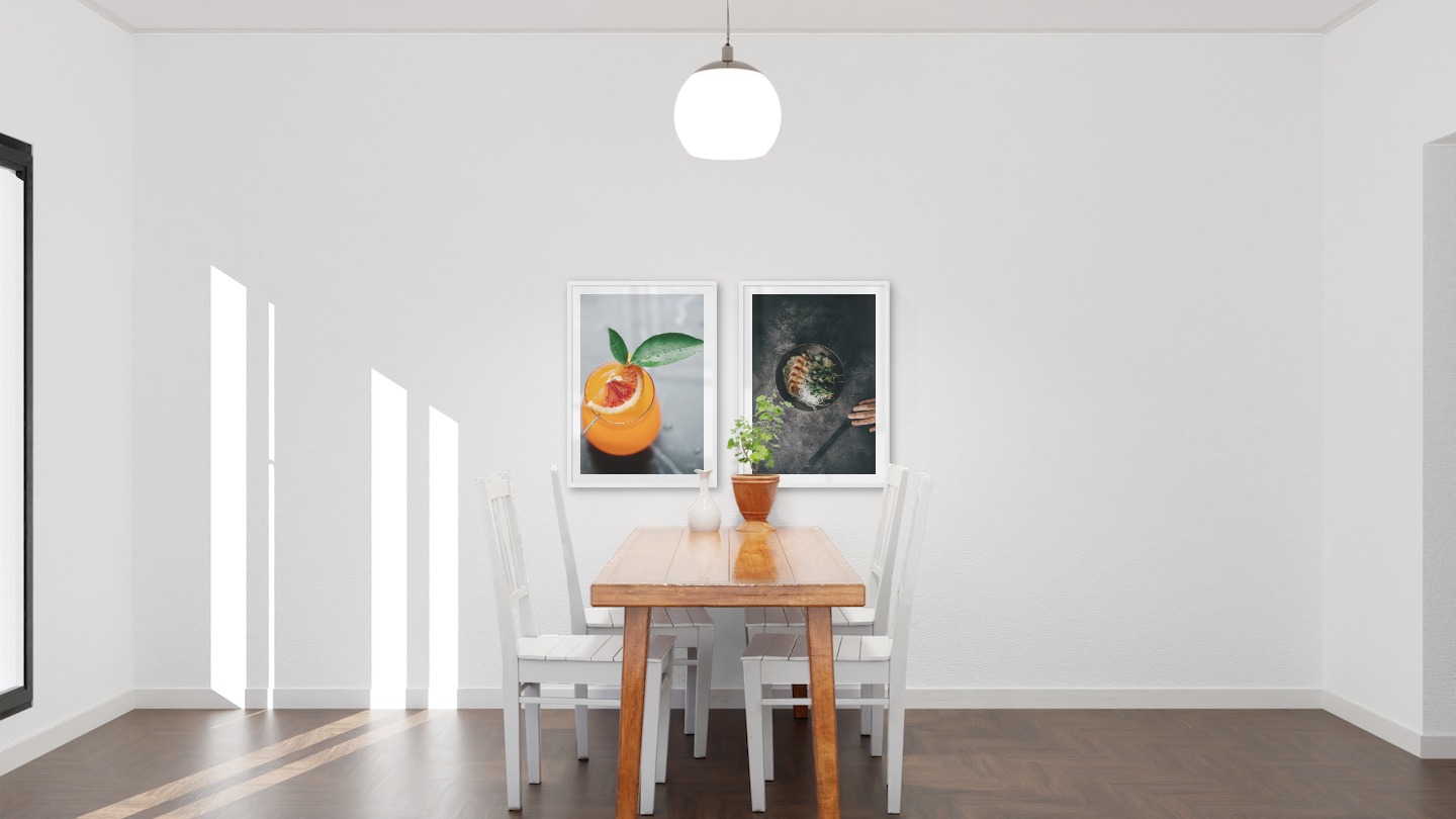 Gallery wall with picture frames in white in sizes 50x70 with prints "Orange drink" and "Bowl"
