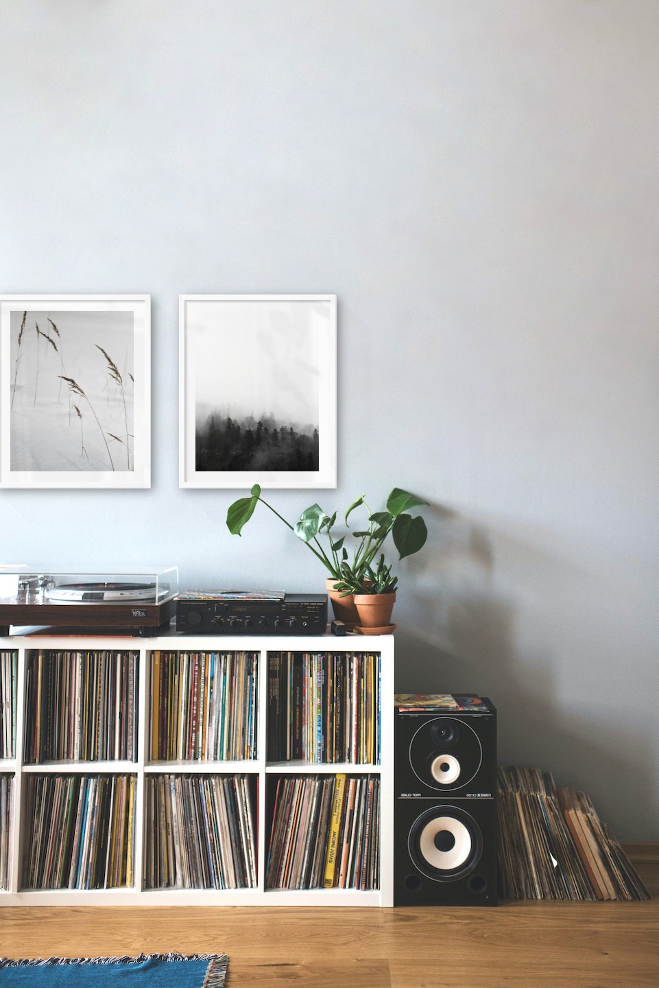 Gallery wall with picture frames in white in sizes 40x50 with prints "Sharp in the snow" and "Foggy wooden tops"