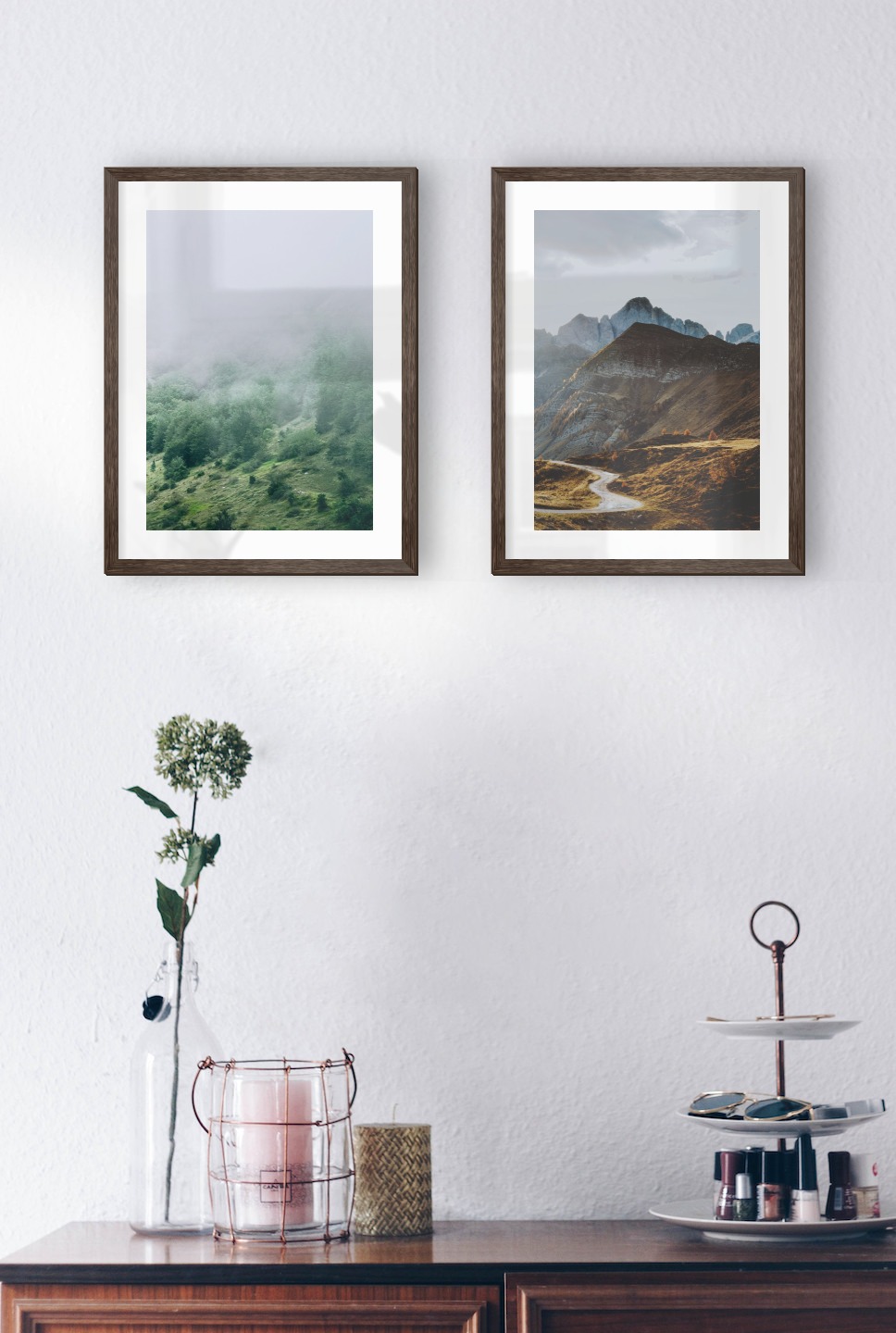 Gallery wall with picture frames in dark wood in sizes 30x40 with prints "Slope with trees" and "Road among the mountains"