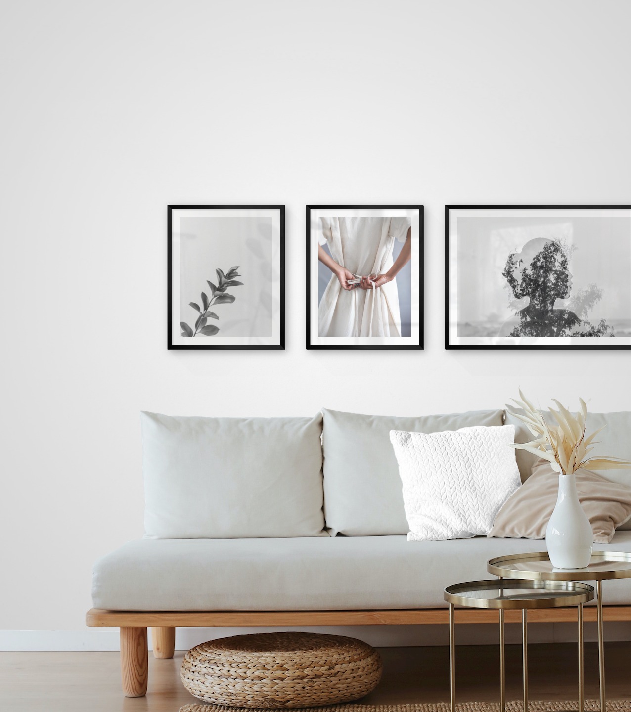 Gallery wall with picture frames in black in sizes 40x50 and 50x70 with prints "Twig", "Dress with waistband" and "Trees and silhouette"