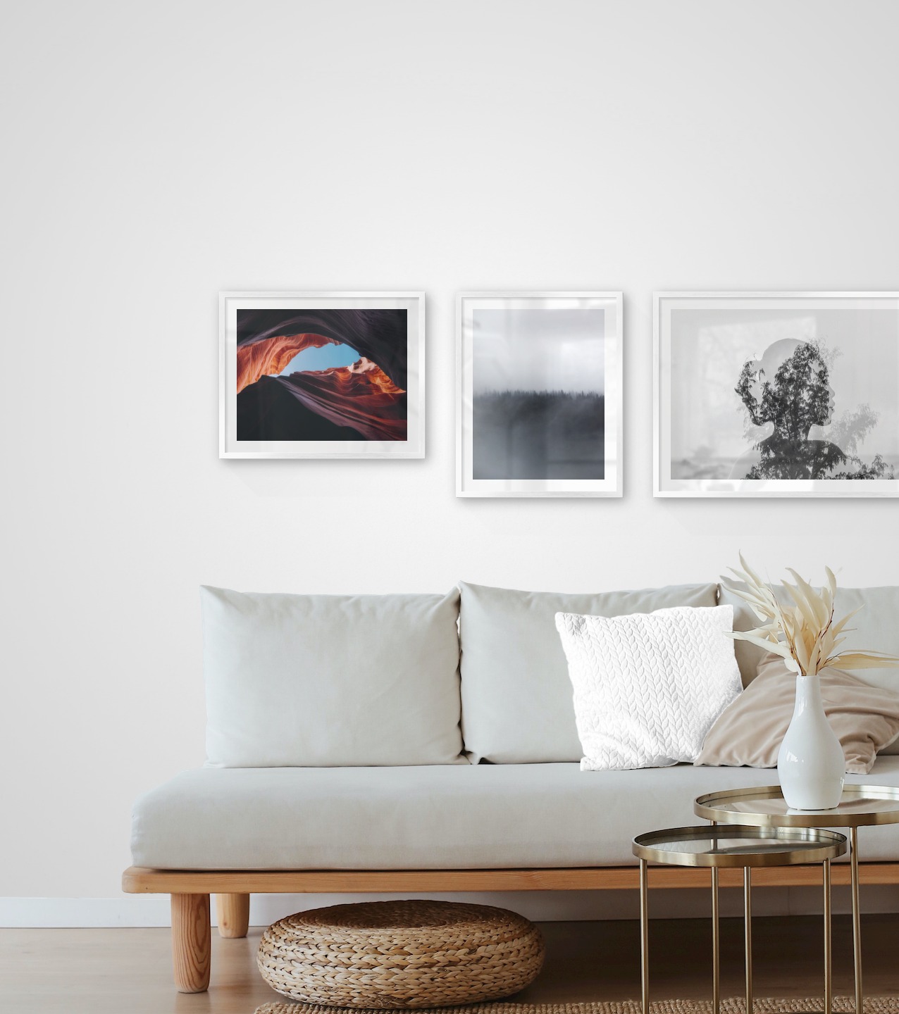 Gallery wall with picture frames in silver in sizes 40x50 and 50x70 with prints "Red rock formations", "Fog over treetops" and "Trees and silhouette"