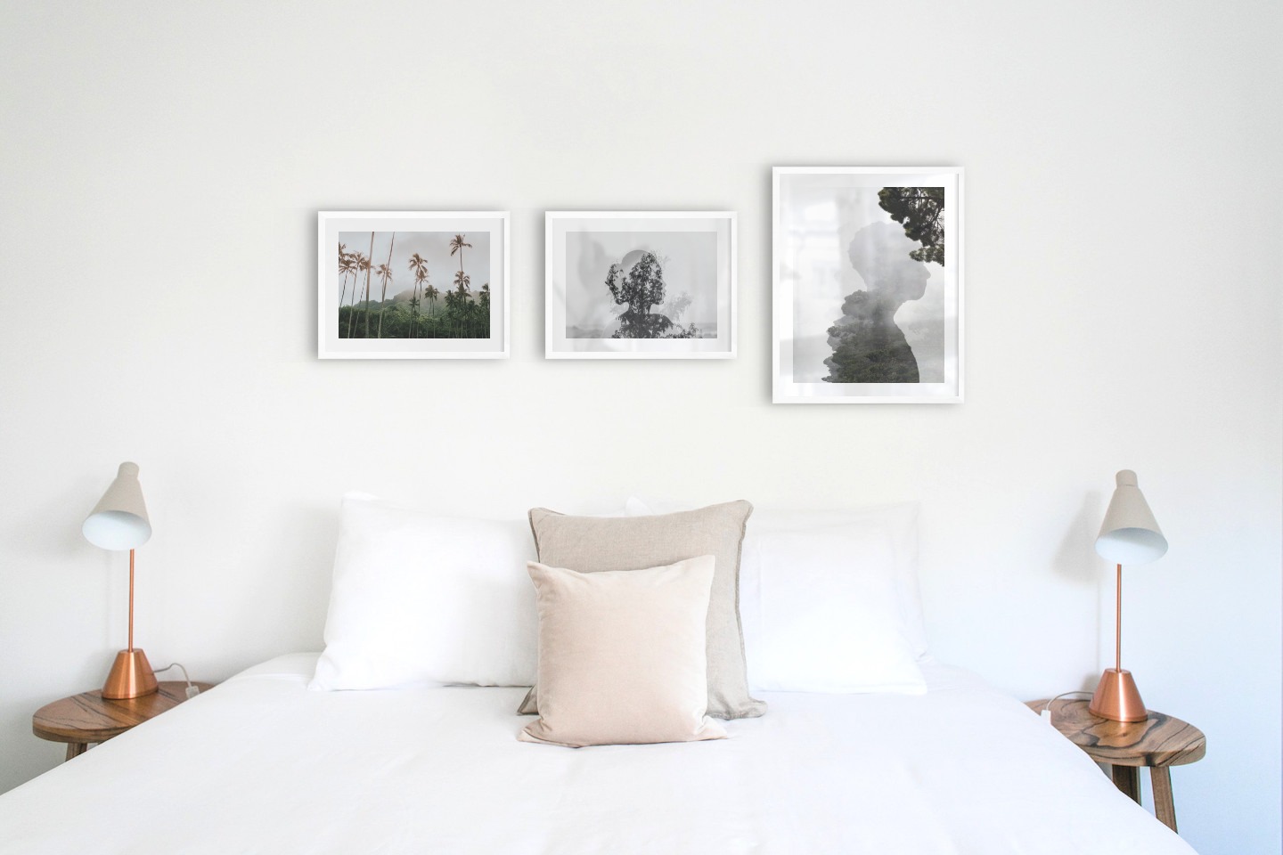 Gallery wall with picture frames in white in sizes 30x40 and 40x50 with prints "Palm trees and mountains", "Trees and silhouette" and "Silhouette and tree"