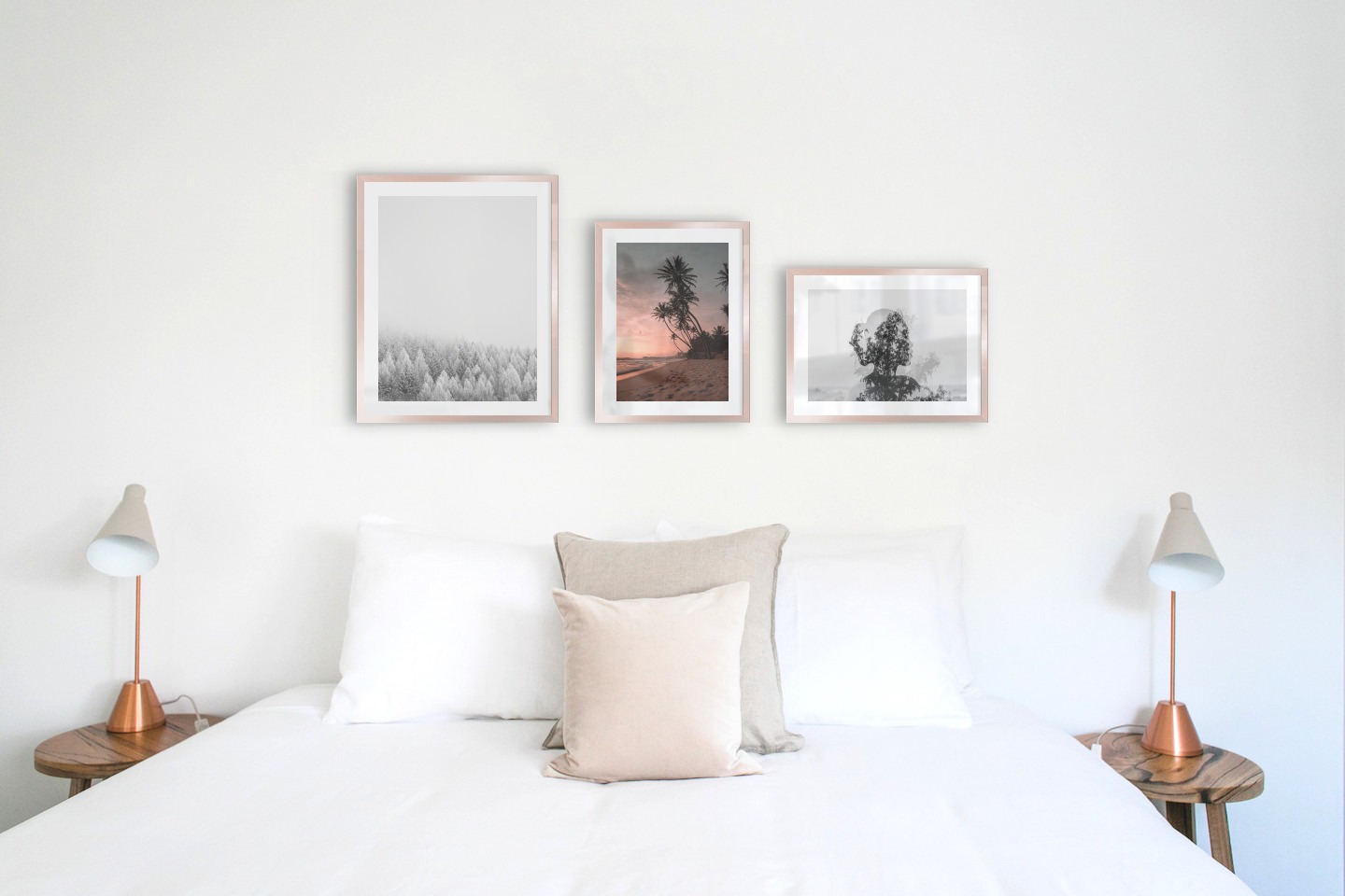 Gallery wall with picture frames in copper in sizes 40x50 and 30x40 with prints "Wooden tops in winter", "Beach at sunset" and "Trees and silhouette"