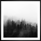 Gallery wall with picture frame in black in size 50x50 with print "Foggy wooden tops"