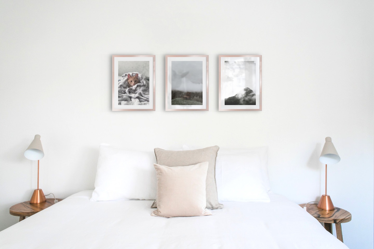 Gallery wall with picture frames in copper in sizes 30x40 with prints "Cat in felt", "Bench in misty nature" and "Trees and mountains in fog"
