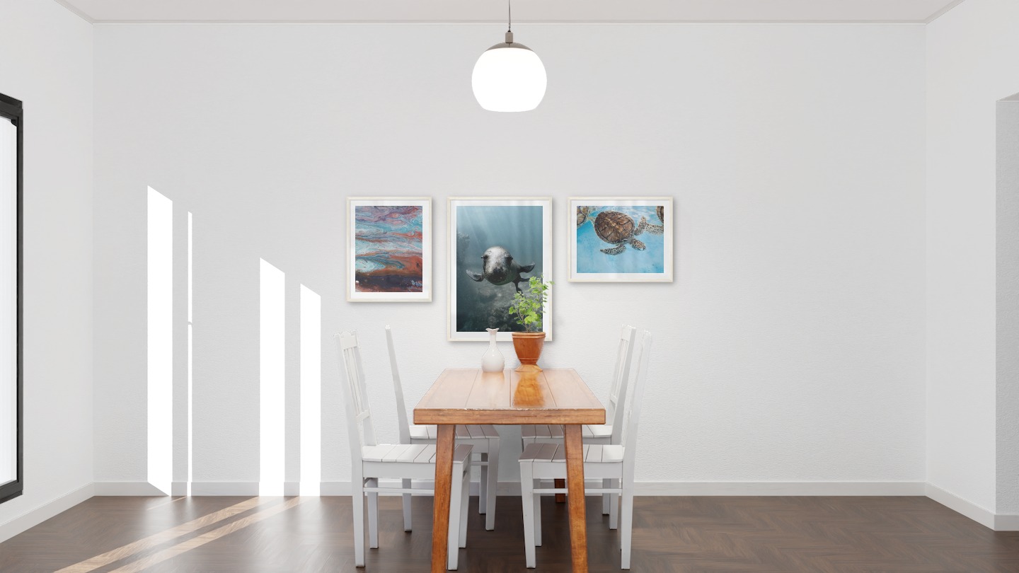 Gallery wall with picture frames in light wood in sizes 40x50 and 50x70 with prints "Abstract art 1", "Seal in the water" and "Turtle in the water"