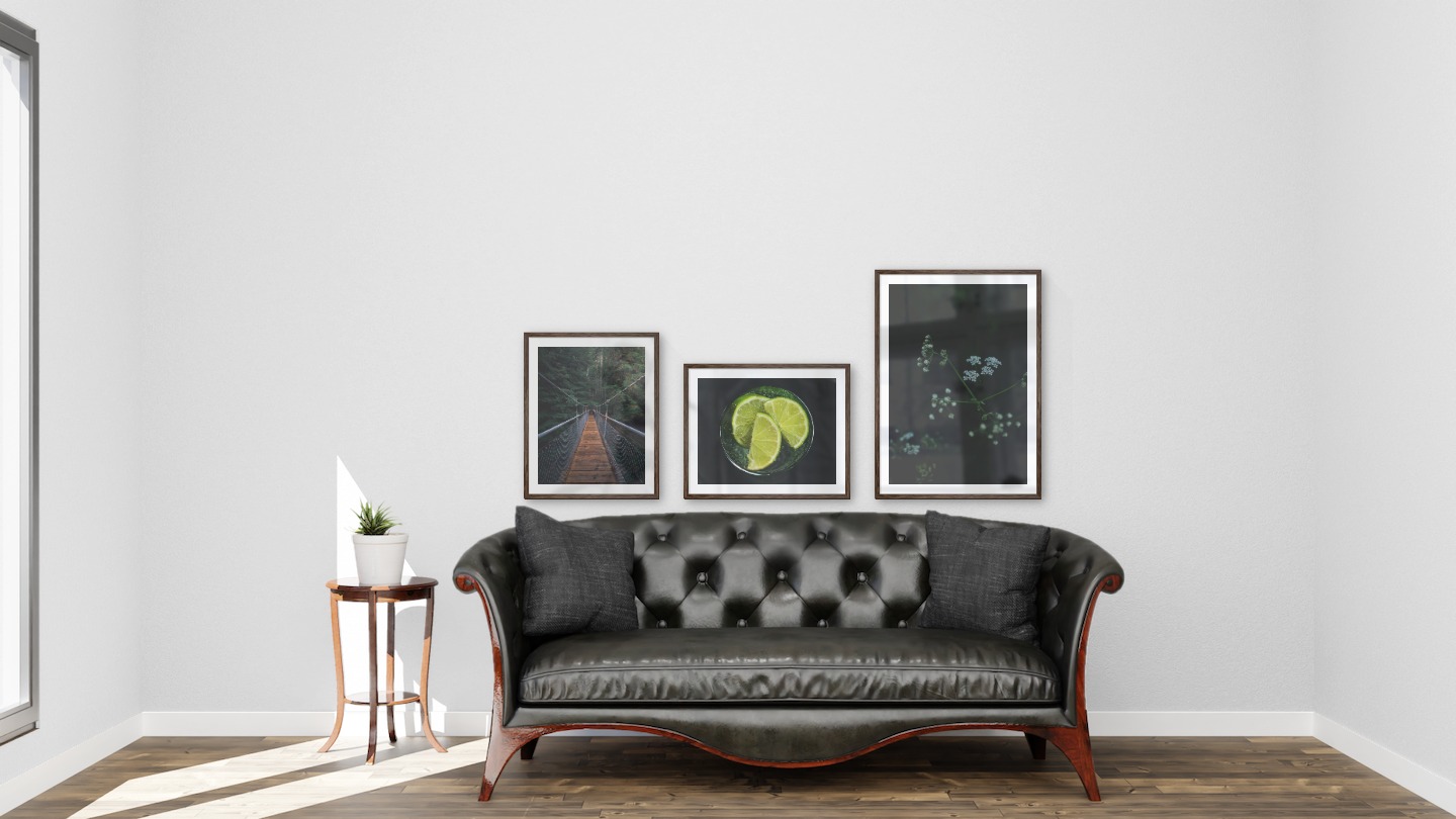 Gallery wall with picture frames in dark wood in sizes 40x50 and 50x70 with prints "Bridge in the woods", "Lime and glass" and "Green plant"