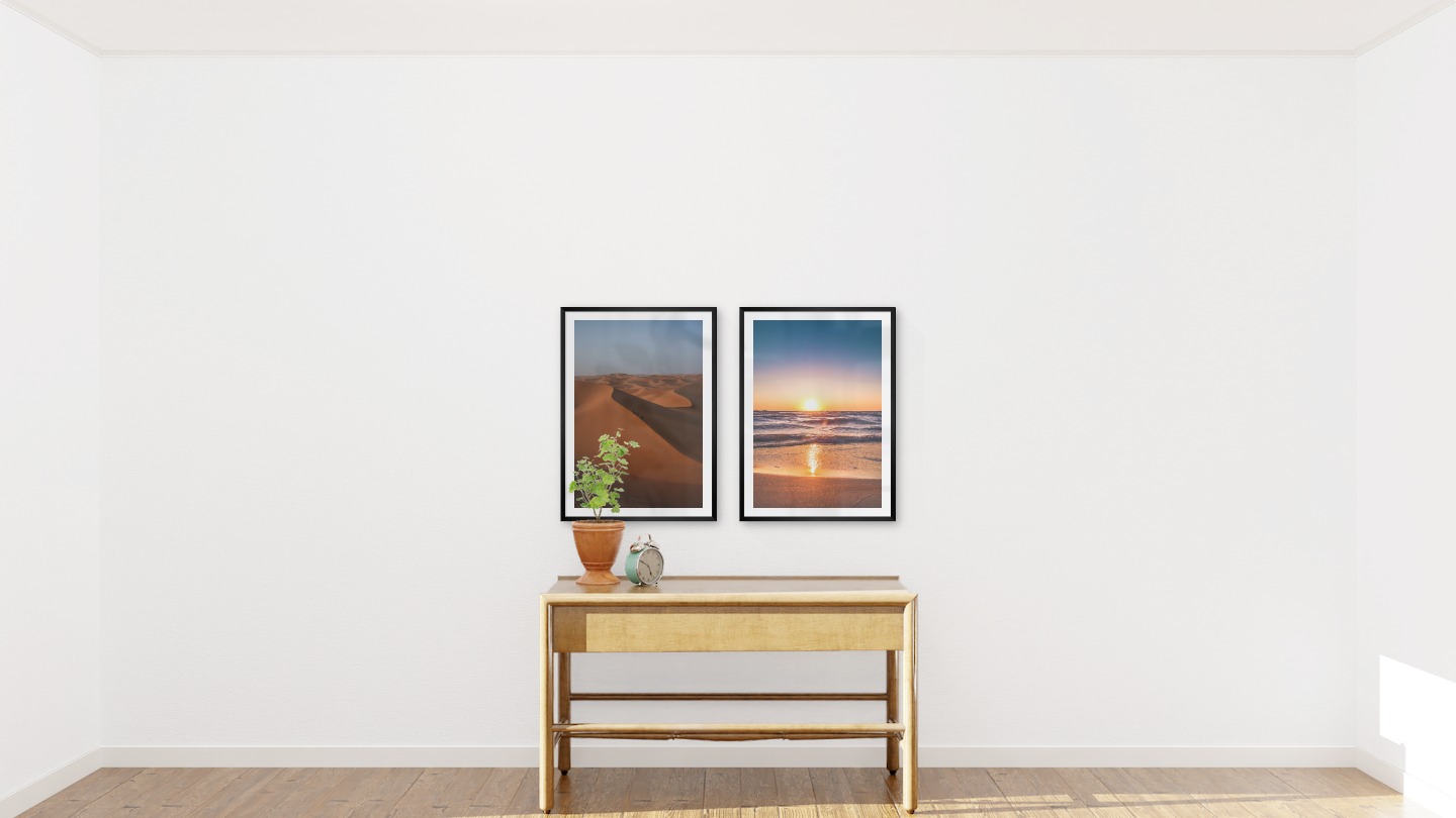 Gallery wall with picture frames in black in sizes 50x70 with prints "Desert" and "Sunset"