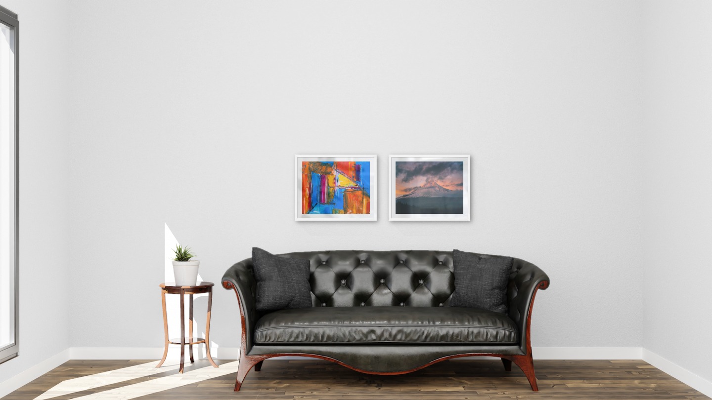 Gallery wall with picture frames in white in sizes 40x50 with prints "Abstract art 2" and "Sunset and mountains"