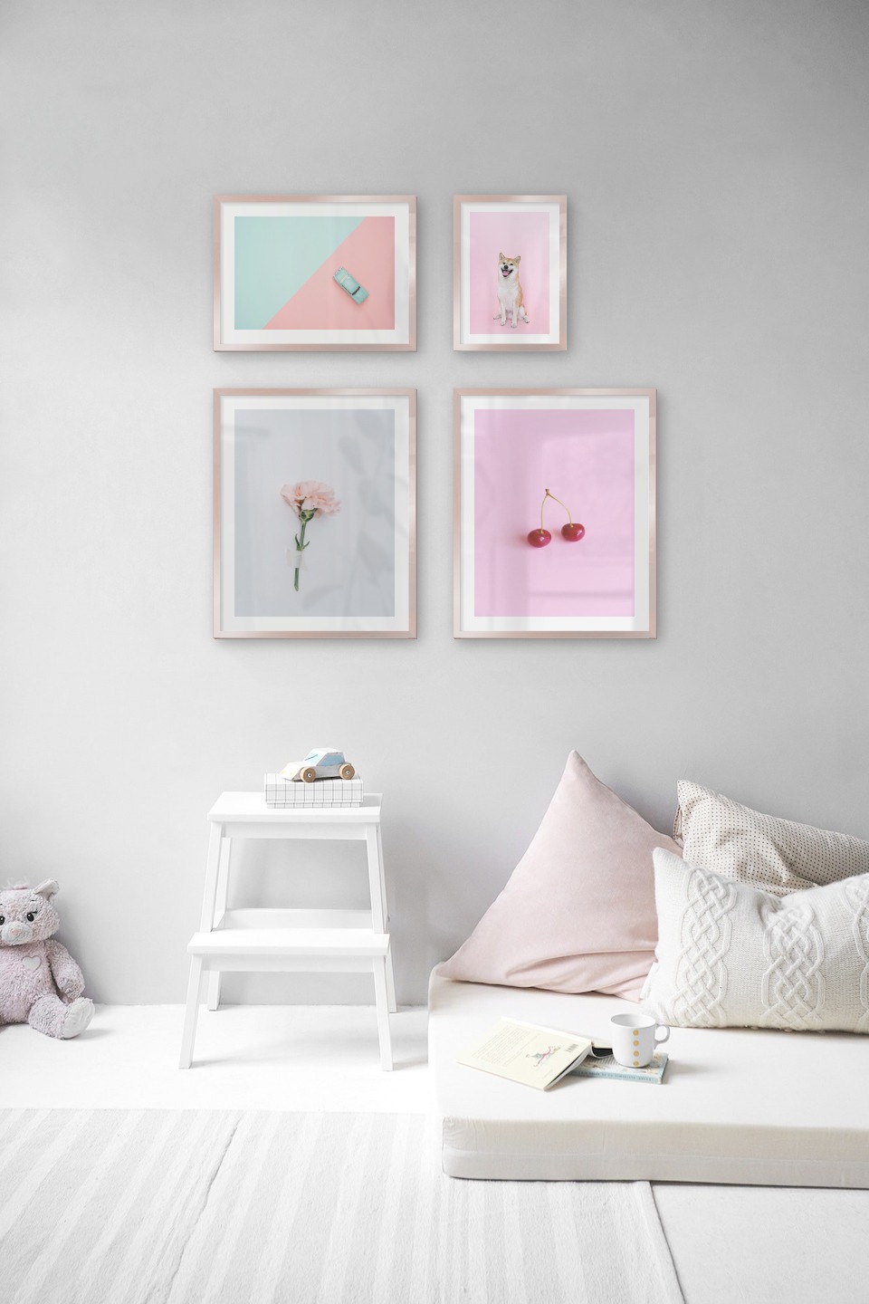 Gallery wall with picture frames in copper in sizes 40x50, 30x40 and 21x30 with prints "Pink flower", "Cherries and pink", "Blue car and pink" and "Dog"