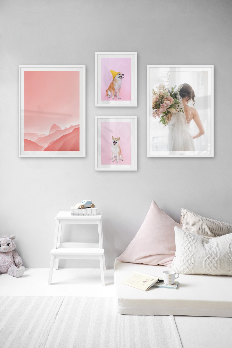 Gallery wall with picture frames in white in sizes 50x70 and 30x40 with prints "Pink sky", "Dog with yellow hat", "Dog" and "Bride and flowers"