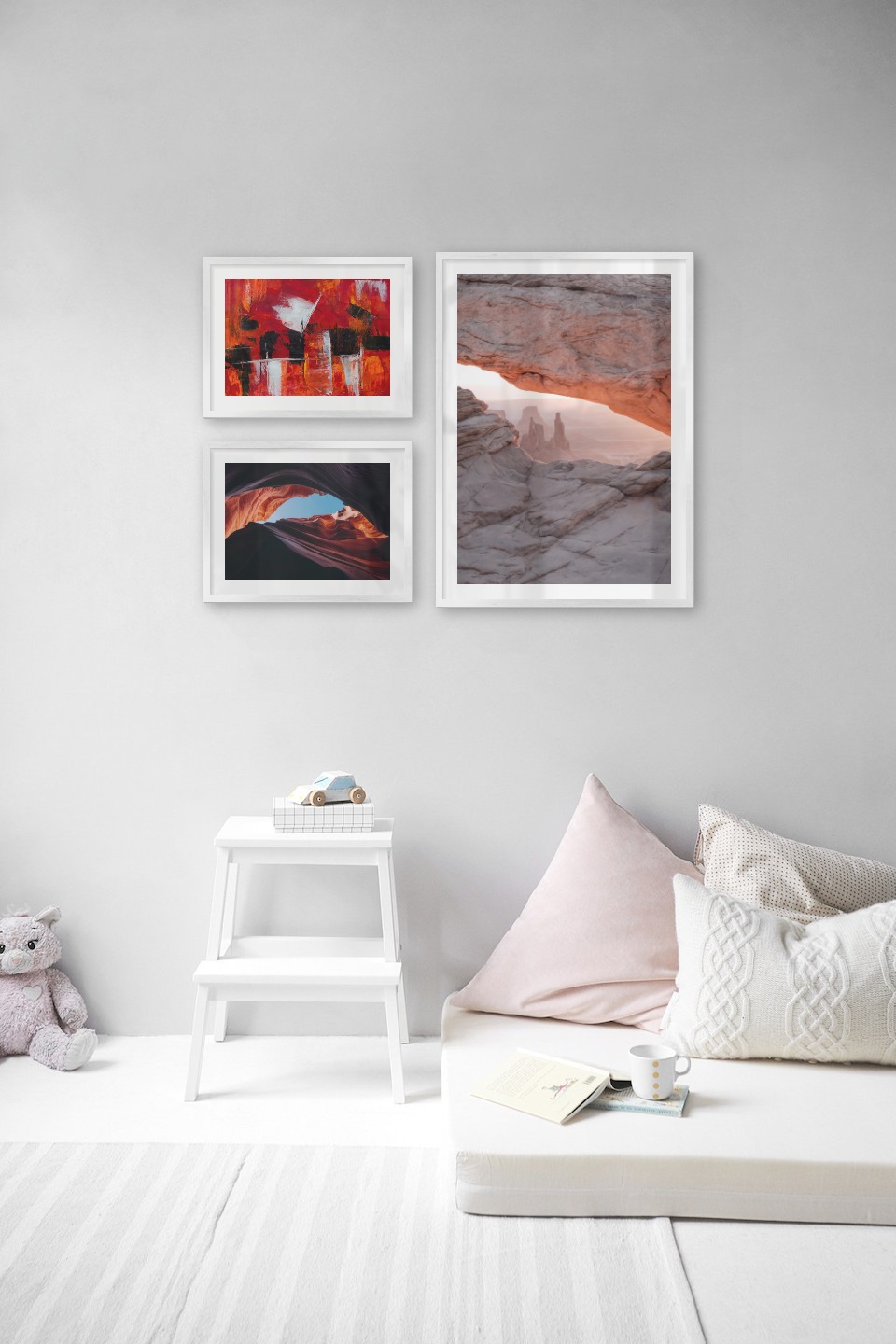Gallery wall with picture frames in silver in sizes 30x40 and 50x70 with prints "Abstract art 4", "Red rock formations" and "View between cliffs"