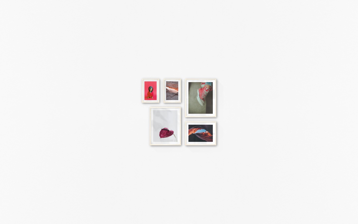 Gallery wall with picture frames in light wood in sizes 21x30, 40x50 and 30x40 with prints "View between cliffs", "Dog in red sweater", "Red flower", "Red shoes" and "Red rock formations"