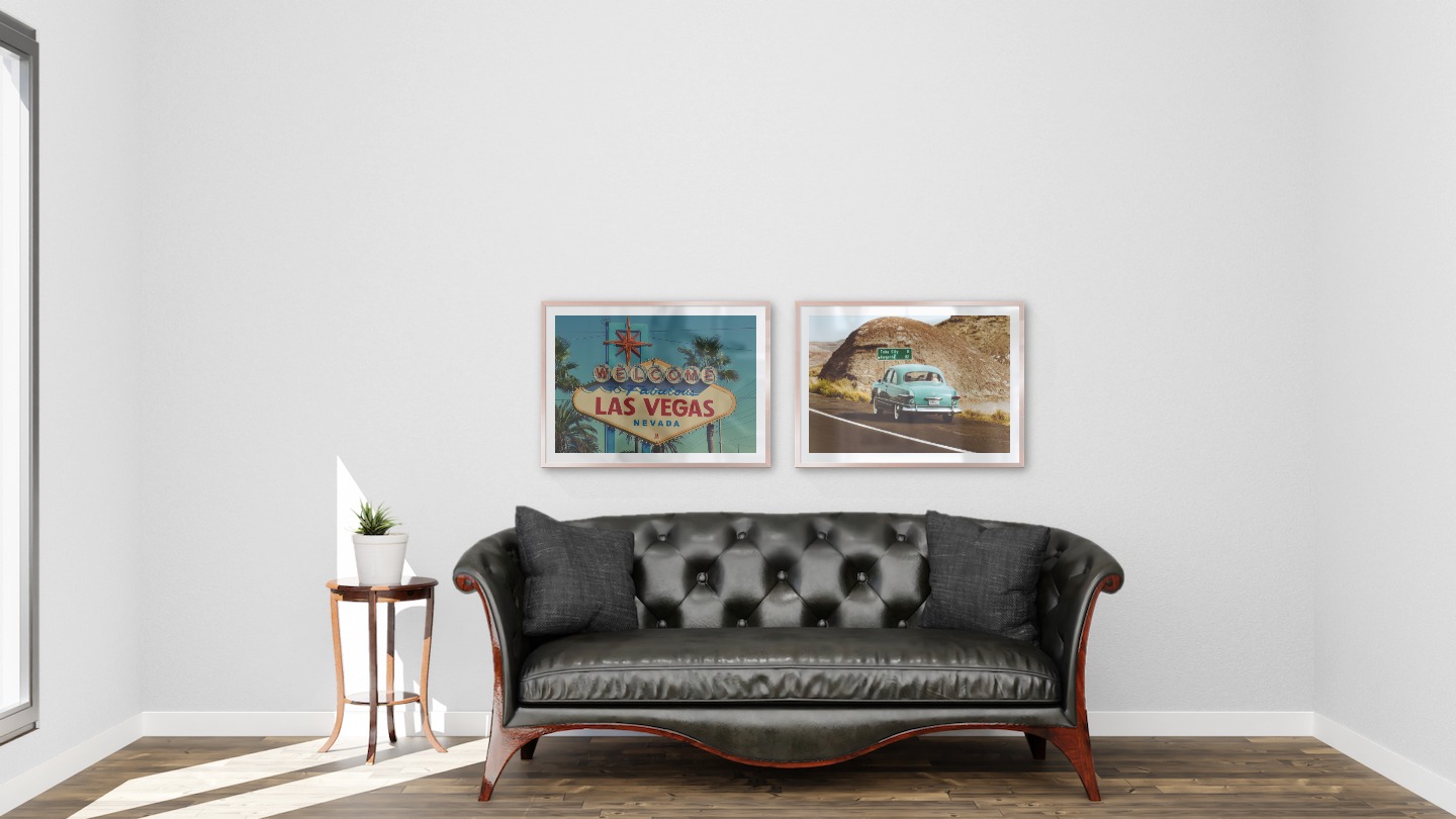 Gallery wall with picture frames in copper in sizes 50x70 with prints "Las Vegas sign" and "Car on the road"