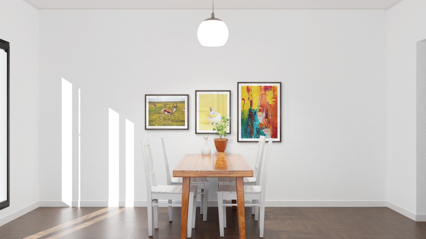 Gallery wall with picture frames in dark wood in sizes 40x50 and 50x70 with prints "Antelopes in meadow", "Rabbit with glasses" and "Abstract art 5"