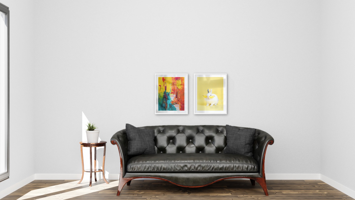 Gallery wall with picture frames in white in sizes 40x50 with prints "Abstract art 5" and "Rabbit with glasses"