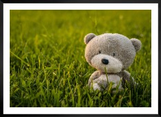 Gallery wall with picture frame in black in size 50x70 with print "Teddy bear in a field"
