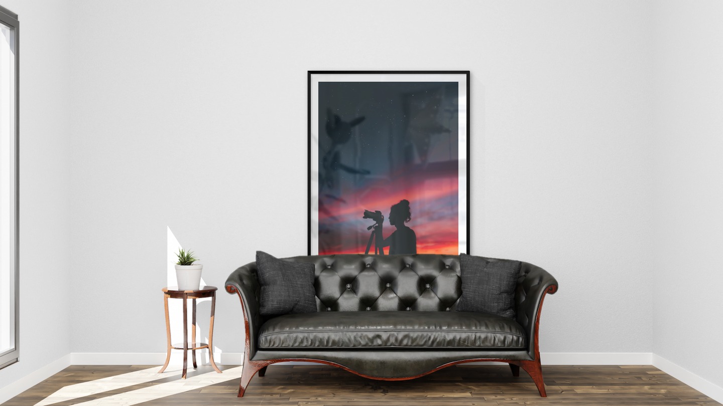 Gallery wall with picture frame in black in size 100x150 with print "Photographer at night"