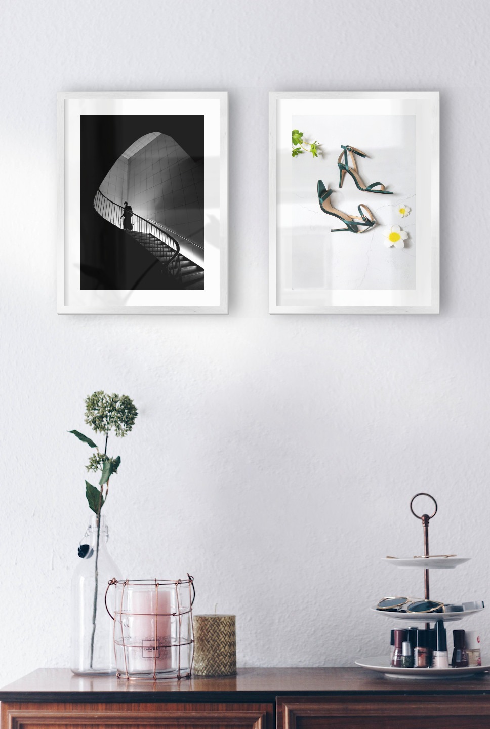 Gallery wall with picture frames in silver in sizes 30x40 with prints "Staircase" and "Heels"