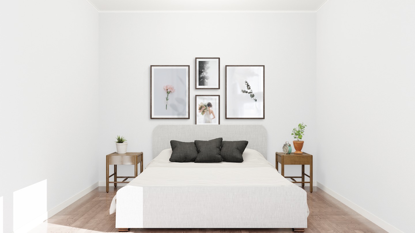 Gallery wall with picture frames in dark wood in sizes 50x70 and 30x40 with prints "Pink flower", "Foggy wooden tops from the side", "Bride and flowers" and "Branch in vase"