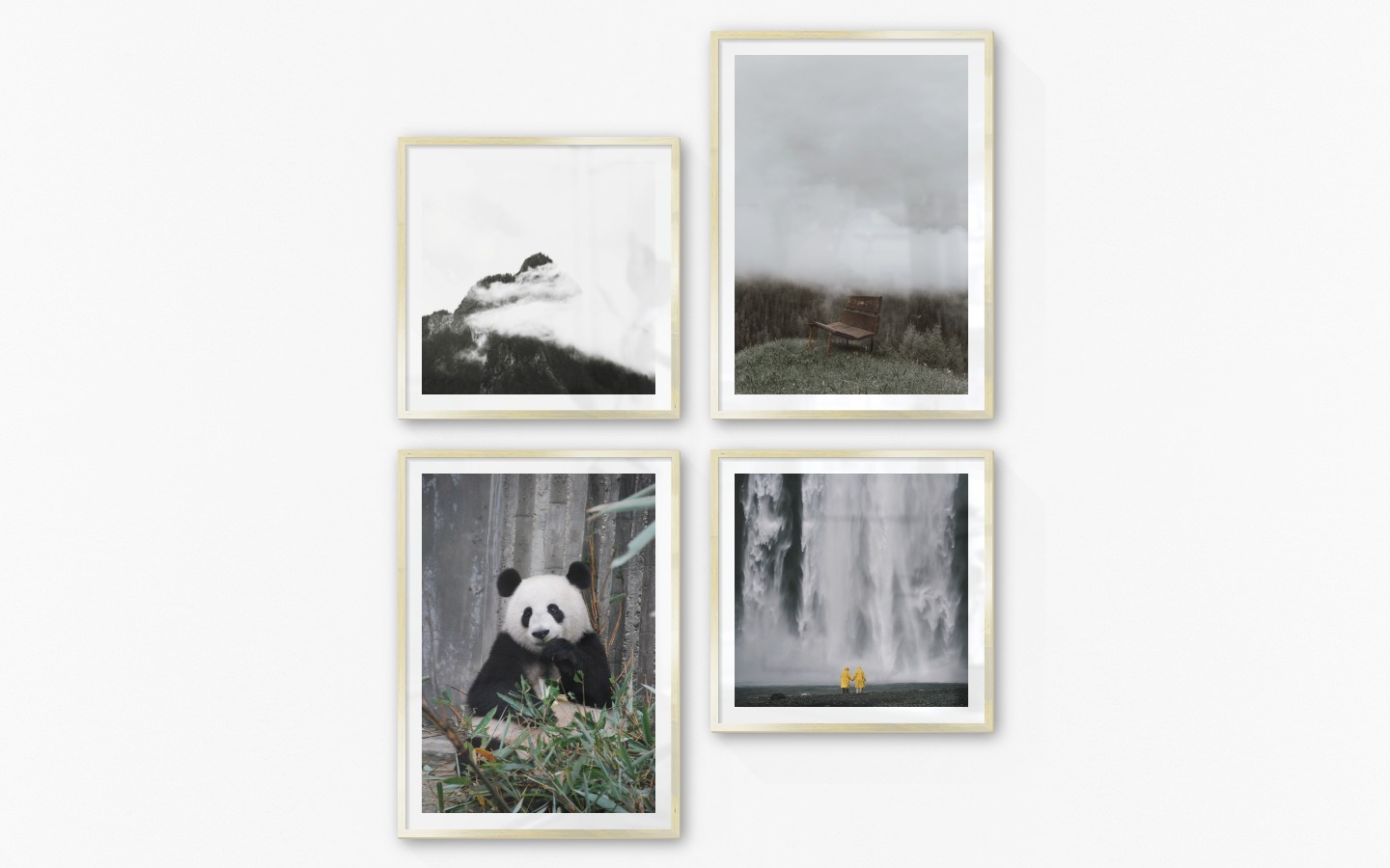 Gallery wall with picture frames in gold in sizes 50x50 and 50x70 with prints "Mountain peaks in fog", "Bench in misty nature", "Panda" and "Waterfall with people"