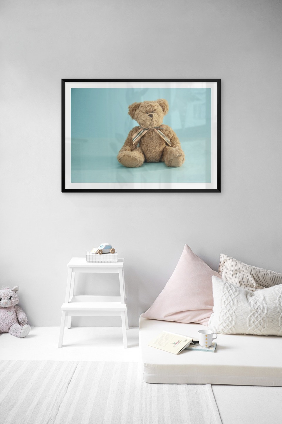 Gallery wall with picture frame in black in size 70x100 with print "Teddy bear and blue"