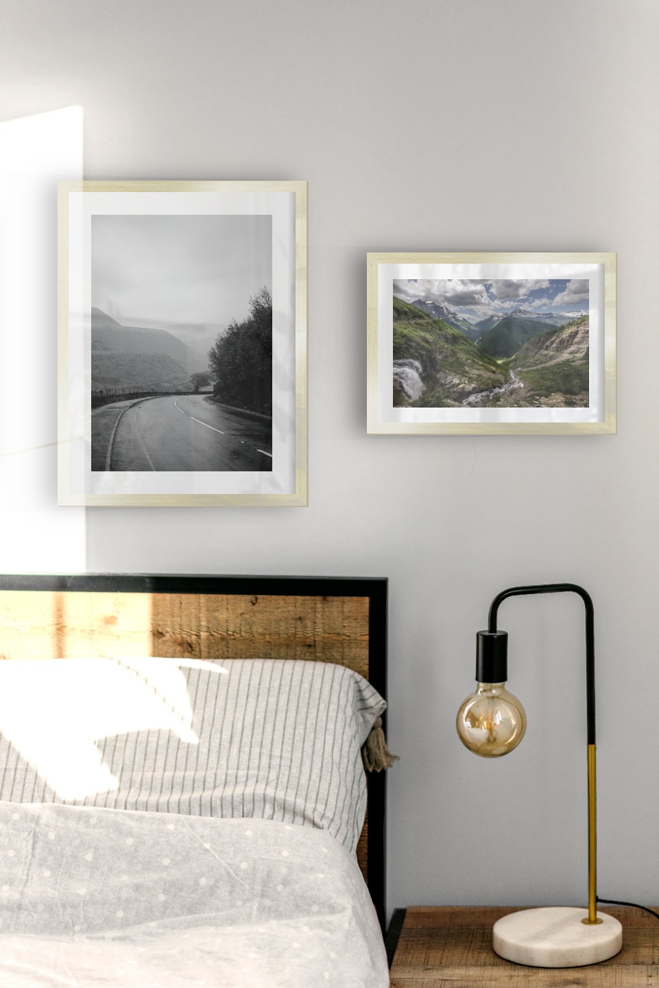 Gallery wall with picture frames in gold in sizes 21x30 and 30x40 with prints "Green valley in front of mountains", "Road that turns" and "Bergsdal"