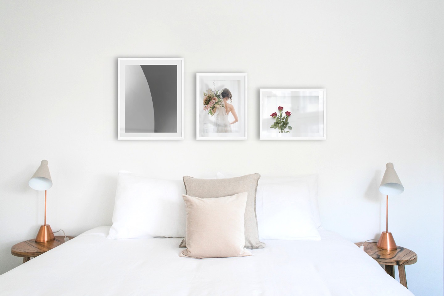 Gallery wall with picture frames in white in sizes 40x50 and 30x40 with prints "Line", "Bride and flowers" and "Red roses"