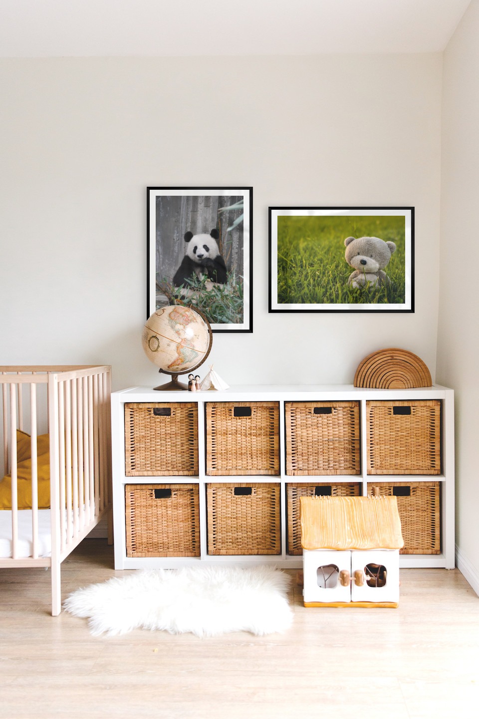 Gallery wall with picture frames in black in sizes 50x70 with prints "Panda" and "Teddy bear in a field"
