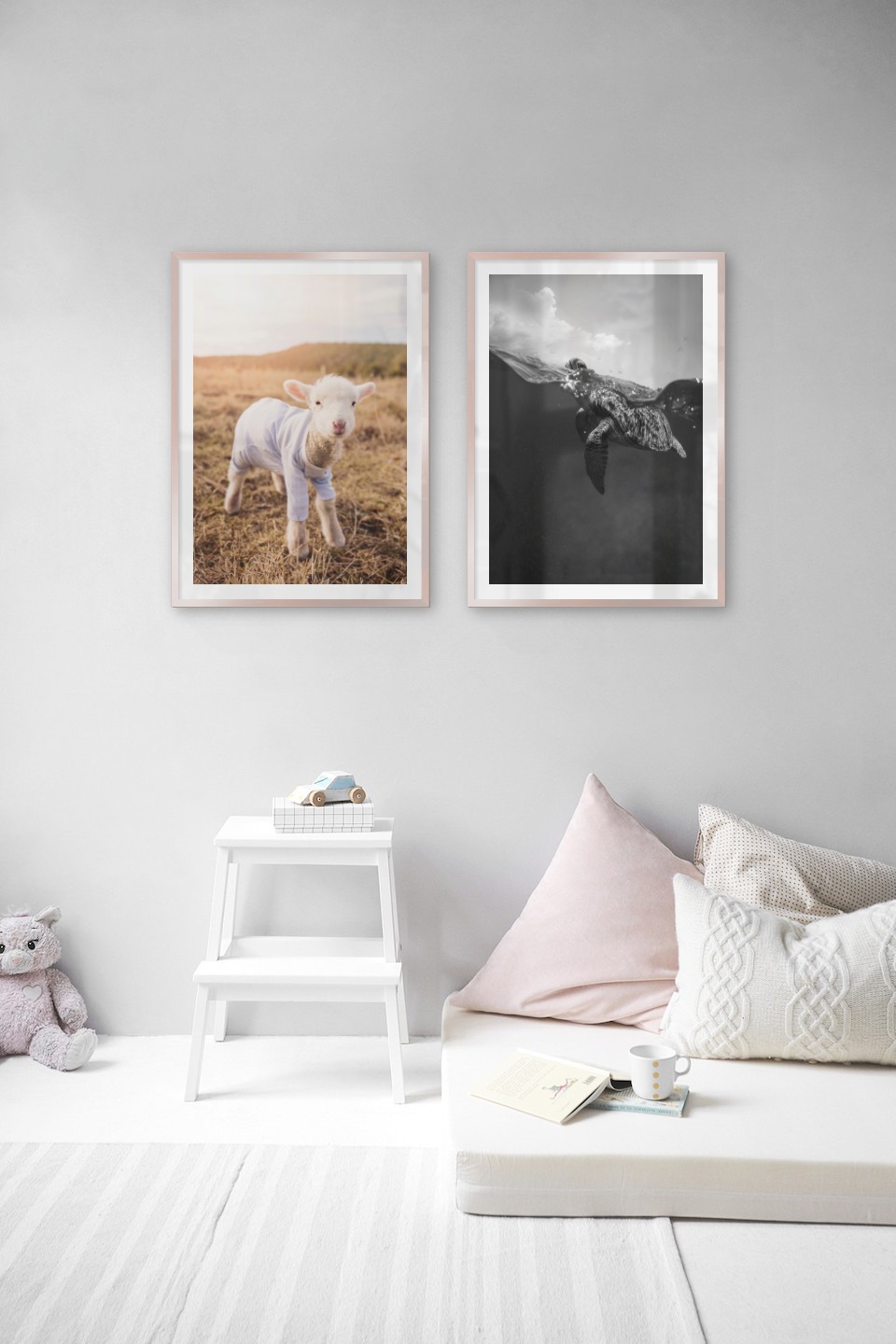Gallery wall with picture frames in copper in sizes 50x70 with prints "Lamb" and "Turtle"