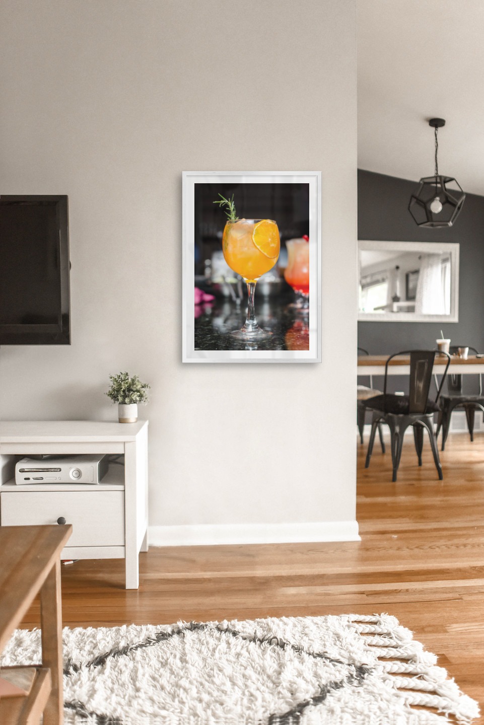 Gallery wall with picture frame in silver in size 50x70 with print "High orange drink"