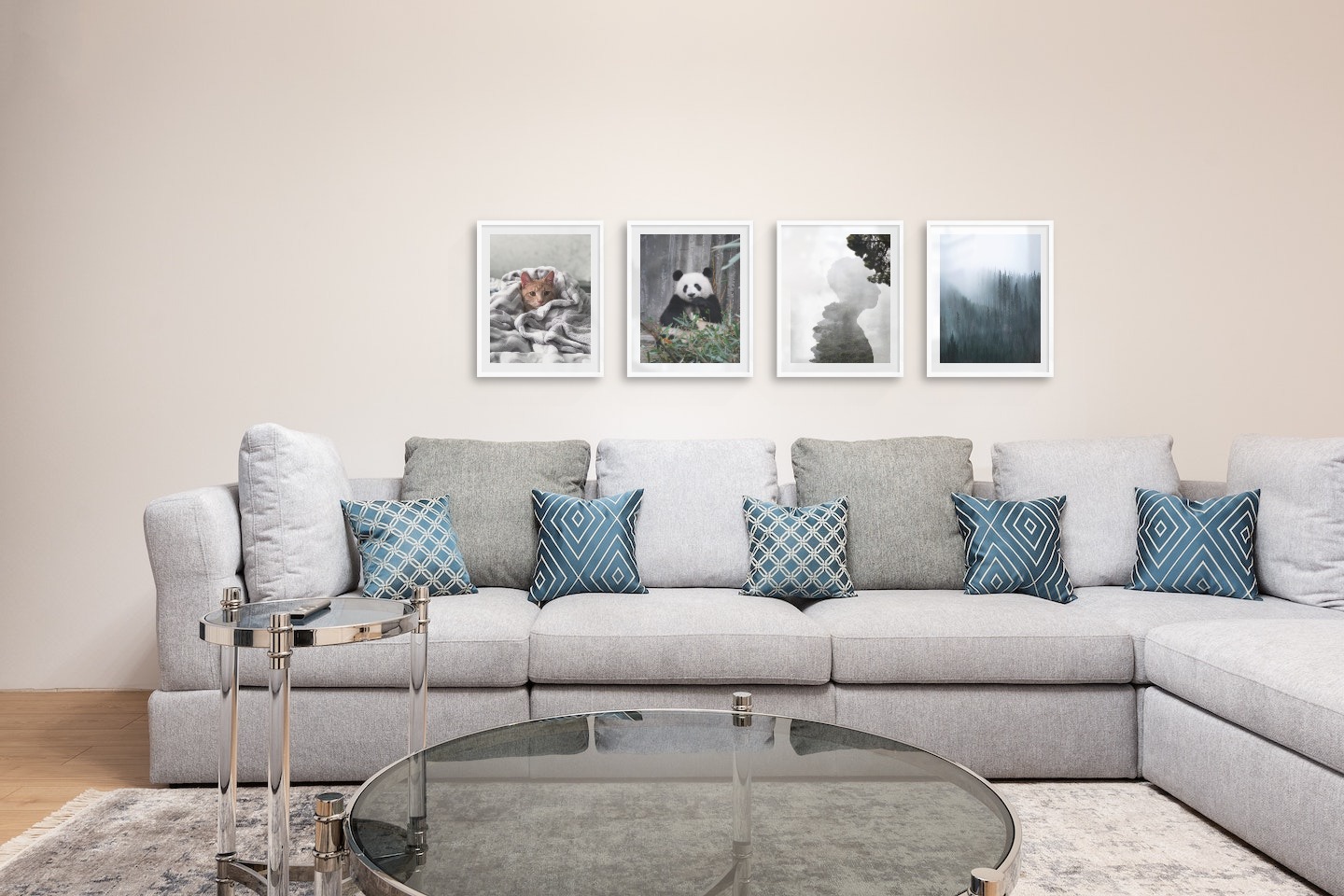 Gallery wall with picture frames in white in sizes 40x50 with prints "Cat in felt", "Panda", "Silhouette and tree" and "Foggy forest"