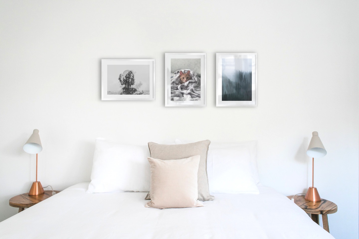 Gallery wall with picture frames in silver in sizes 30x40 with prints "Trees and silhouette", "Cat in felt" and "Foggy forest"